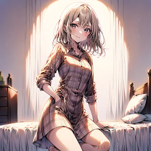 1 girl, 18-year-old, asymmetry-breasts, background:bedroom, One Hand in Pocket, Weight on One Leg, wearing a (Plaid flannel shirt dress), smilling, looking at the viewer.
- **Eyes**: Almond-shaped, light brown with a hint of amber,
  - **Nose**: Small, straight with a slight upturn,
  - **Lips**: Medium, peach with a natural gloss,
  - **Hair**: Shoulder-length, straight, dark blonde,
  - **Skin Tone**: Olive with a warm undertone,
  - **Eyebrows**: Thin, arched,
  - **Cheekbones**: Soft and rounded,
  - **Chin**: Small and pointed,
  - **Ears**: Medium-sized and close to the head,
  - **Expression**: Confident and charismatic.