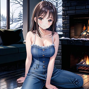 ((1 girl, masterpiece, highly detailed, HD, high quality)),
(Relaxed-breasts, SAGGY BREASTS),
Wearing (Sherpa-lined denim dress),
Eyes: Slanted, almond-shaped, dark brown,
Nose: Small and straight,
Lips: Medium, natural pink,
Hair: Long, straight, black,
Skin Tone: Fair with a neutral undertone,
Eyebrows: Thick and straight,
Cheekbones: High and defined,
Chin: Rounded,
Ears: Small and close to the head,
Expression: Confident and poised,

Background: winter,
Inside house daytime, (sitting on the floor in a modern room near fire place, Sitting with legs extended straight), looking at viewer.