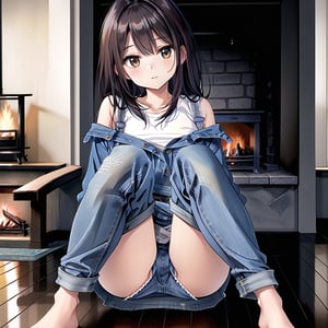 ((1 girl, masterpiece, highly detailed, HD, high quality)),
(Relaxed-breasts, saggingbreasts),
Wearing (Sherpa-lined denim dress),
Eyes: Slanted, almond-shaped, dark brown,
Nose: Small and straight,
Lips: Medium, natural pink,
Hair: Long, straight, black,
Skin Tone: Fair with a neutral undertone,
Eyebrows: Thick and straight,
Cheekbones: High and defined,
Chin: Rounded,
Ears: Small and close to the head,
Expression: Confident and poised,

Background: winter,
Inside house daytime, (sitting on the floor in a modern room near fire place, Sitting with legs extended straight), looking at viewer.