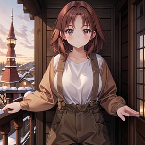 ((1 girl, masterpiece, highly detailed, HD, high quality)),
(Athletic-breasts, Breasts type Athletic, breasts are often wider and firmer),
Wearing (Corduroy overall dress),
Eyes: Oval-shaped, dark brown,
Nose: Small and flat
Lips: Medium, natural pink,
Hair: Long, straight, dark brown,
Skin Tone: Light tan with a warm undertone,
Eyebrows: Thin and gently arched,
Cheekbones: Subtle and rounded,
Chin: Rounded,
Ears: Small and close to the head,
Expression: Kind and gentle,

Background: winter,
Inside house, standing in balcony One Leg Crossed, Arms Folded, looking at viewer.