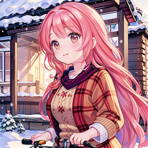 ((1 girl, masterpiece, highly detailed, HD, high quality)), (Augmented-breasts), 
Wearing (Fair Isle knit dress), 
Eyes are round and light brown, nose is small and straight, lips are medium and coral pink, hair is long, wavy and blonde, skin tone is fair with a cool undertone, eyebrows are medium thickness and gently arched, cheekbones are soft and rounded, chin is rounded, ears are medium-sized and slightly visible, The expression is cheerful and vibrant
, 
Background: winter, outside house, daytime, (riding a bicycle), looking at viewer.