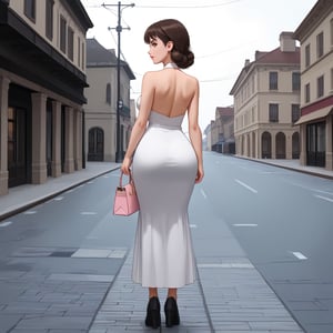 1girl, (Masterpiece, high quality, highly detailed), ((Arched breasts, A fuller bottom part with a slight arch or curve.)), wearing (((Embroidered velvet dress))), (((View From Back))), (She has deep-set, almond-shaped, dark brown eyes that draw you in with their intensity. Her nose is narrow and slightly curved, adding to her elegant profile. Medium, natural pink lips complement her warm olive skin tone beautifully. Her long, straight, dark brown hair cascades down her back, framing her face perfectly. Thick and gently arched eyebrows accentuate her high and defined cheekbones. Her chin is rounded, giving her face a soft finish, while her medium-sized ears are slightly visible. Her overall expression is mysterious and alluring, captivating anyone who meets her gaze), (Winter theme, background: outside, Station), ((Holding a bag in her hand, standing with back to the camera, (showcasing her back and hips)))