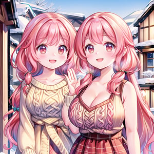 ((1 girl, masterpiece, highly detailed, HD, high quality)), (Augmented-breasts), 
Wearing (Fair Isle knit dress), 
Eyes are round and light brown, nose is small and straight, lips are medium and coral pink, hair is long, wavy, and blonde, skin tone is fair with a cool undertone, eyebrows are medium thickness and gently arched, cheekbones are soft and rounded, chin is rounded, ears are medium-sized and slightly visible, The expression is cheerful and vibrant
, 
Background: winter, outside house, daytime, (Waving hello), looking at viewer.