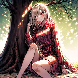 1 girl, 18-year-old, asymmetry-breasts, background:picknick-spot under the shadow of a tree, side-view from below, (leaning againsed a tree), sitting on a yellow check pattran mat, One Leg Extended, One Bent, one hand on knee, one hand relaxed, wearing a (red Plaid flannel shirt dress), smilling, looking at the viewer.
- **Eyes**: Almond-shaped, light brown with a hint of amber,
  - **Nose**: Small, straight with a slight upturn,
  - **Lips**: Medium, peach with a natural gloss,
  - **Hair**: Shoulder-length, straight, dark blonde,
  - **Skin Tone**: Olive with a warm undertone,
  - **Eyebrows**: Thin, arched,
  - **Cheekbones**: Soft and rounded,
  - **Chin**: Small and pointed,
  - **Ears**: Medium-sized and close to the head,
  - **Expression**: Confident and charismatic.