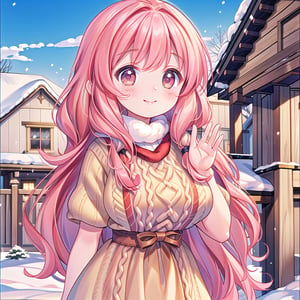 ((1 girl, masterpiece, highly detailed, HD, high quality)), (Augmented-breasts), 
Wearing (Fair Isle knit dress), 
Eyes are round and light brown, nose is small and straight, lips are medium and coral pink, hair is long, wavy, and blonde, skin tone is fair with a cool undertone, eyebrows are medium thickness and gently arched, cheekbones are soft and rounded, chin is rounded, ears are medium-sized and slightly visible, The expression is cheerful and vibrant
, 
Background: winter, outside house, daytime, (Waving hello), looking at viewer.