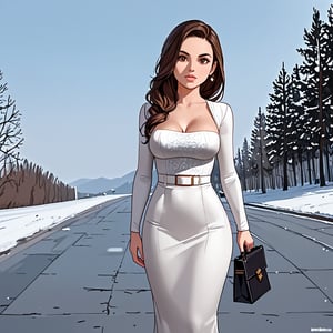 1girl, (Masterpiece, high quality, highly detailed), ((Arched breasts, A fuller bottom part with a slight arch or curve.)), wearing (((Embroidered velvet dress))), (((View From Back))), (She has deep-set, almond-shaped, dark brown eyes that draw you in with their intensity. Her nose is narrow and slightly curved, adding to her elegant profile. Medium, natural pink lips complement her warm olive skin tone beautifully. Her long, straight, dark brown hair cascades down her back, framing her face perfectly. Thick and gently arched eyebrows accentuate her high and defined cheekbones. Her chin is rounded, giving her face a soft finish, while her medium-sized ears are slightly visible. Her overall expression is mysterious and alluring, captivating anyone who meets her gaze), (Winter theme, background: outside, Station), ((Holding a bag in her hand, standing with back to the camera, (showcasing her back and hips)))