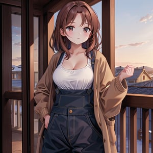 ((1 girl, masterpiece, highly detailed, HD, high quality)),
(Athletic-breasts, Breasts type Athletic, breasts are often wider and firmer),
Wearing (Corduroy overall dress),
Eyes: Oval-shaped, dark brown,
Nose: Small and flat
Lips: Medium, natural pink,
Hair: Long, straight, dark brown,
Skin Tone: Light tan with a warm undertone,
Eyebrows: Thin and gently arched,
Cheekbones: Subtle and rounded,
Chin: Rounded,
Ears: Small and close to the head,
Expression: Kind and gentle,

Background: winter,
Inside house, standing in balcony One Leg Crossed, Arms Folded, looking at viewer.