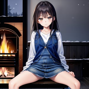 ((1 girl, masterpiece, highly detailed, HD, high quality)),
(Relaxed),
Wearing (Sherpa-lined denim dress), SFW,
Eyes: Slanted, almond-shaped, dark brown,
Nose: Small and straight,
Lips: Medium, natural pink,
Hair: Long, straight, black,
Skin Tone: Fair with a neutral undertone,
Eyebrows: Thick and straight,
Cheekbones: High and defined,
Chin: Rounded,
Ears: Small and close to the head,
Expression: Confident and poised,

Background: winter,
Inside house daytime, (sitting in a modern room near fire place, Sitting with legs extended straight), looking at viewer.