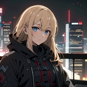 1girl, solo, long hair, bangs, blue eyes, blonde hair, Fleece-Lined Plaid Dress, black hair, closed mouth, upper body, multicolored hair,outdoors, two-tone hair, doomerboy, night, city,suzumura yu,cyberpunk, 