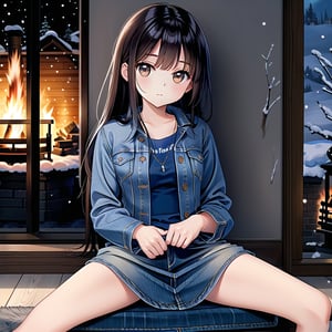 ((1 girl, masterpiece, highly detailed, HD, high quality)),
(Relaxed),
Wearing (Sherpa-lined denim dress), SFW,
Eyes: Slanted, almond-shaped, dark brown,
Nose: Small and straight,
Lips: Medium, natural pink,
Hair: Long, straight, black,
Skin Tone: Fair with a neutral undertone,
Eyebrows: Thick and straight,
Cheekbones: High and defined,
Chin: Rounded,
Ears: Small and close to the head,
Expression: Confident and poised,

Background: winter,
Inside house daytime, (sitting in a modern room near fire place, Sitting with legs extended straight), looking at viewer.