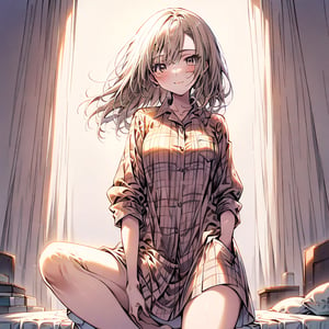 1 girl, 18-year-old, asymmetry-breasts, background:bedroom, One Hand in Pocket, Weight on One Leg, wearing a (Plaid flannel shirt dress), smilling, looking at the viewer.
- **Eyes**: Almond-shaped, light brown with a hint of amber,
  - **Nose**: Small, straight with a slight upturn,
  - **Lips**: Medium, peach with a natural gloss,
  - **Hair**: Shoulder-length, straight, dark blonde,
  - **Skin Tone**: Olive with a warm undertone,
  - **Eyebrows**: Thin, arched,
  - **Cheekbones**: Soft and rounded,
  - **Chin**: Small and pointed,
  - **Ears**: Medium-sized and close to the head,
  - **Expression**: Confident and charismatic.