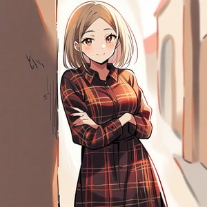 1 girl, 18-year-old, asymmetry-breasts, background:street, standing Leaning Against a park Wall, Arms Crossed, wearing a (Plaid flannel shirt dress), smilling, looking at the viewer.
- **Eyes**: Almond-shaped, light brown with a hint of amber,
  - **Nose**: Small, straight with a slight upturn,
  - **Lips**: Medium, peach with a natural gloss,
  - **Hair**: Shoulder-length, straight, dark blonde,
  - **Skin Tone**: Olive with a warm undertone,
  - **Eyebrows**: Thin, arched,
  - **Cheekbones**: Soft and rounded,
  - **Chin**: Small and pointed,
  - **Ears**: Medium-sized and close to the head,
  - **Expression**: Confident and charismatic.