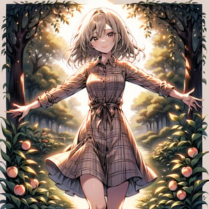 1 girl, 18-year-old, asymmetry-breasts, background:garden, Arms Outstretched, Standing Tall on a garden foottral, wearing a (Plaid flannel shirt dress), smilling, looking at the viewer.
- **Eyes**: Almond-shaped, light brown with a hint of amber,
  - **Nose**: Small, straight with a slight upturn,
  - **Lips**: Medium, peach with a natural gloss,
  - **Hair**: Shoulder-length, straight, dark blonde,
  - **Skin Tone**: Olive with a warm undertone,
  - **Eyebrows**: Thin, arched,
  - **Cheekbones**: Soft and rounded,
  - **Chin**: Small and pointed,
  - **Ears**: Medium-sized and close to the head,
  - **Expression**: Confident and charismatic.