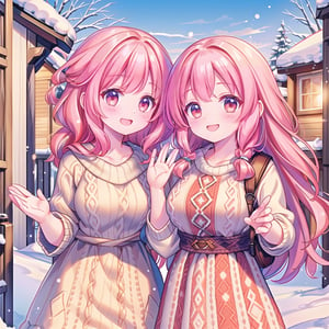 ((1 girl, masterpiece, highly detailed, HD, high quality)), (Augmented-breasts), 
Wearing (Fair Isle knit dress), 
Eyes are round and light brown, nose is small and straight, lips are medium and coral pink, hair is long, wavy, and blonde, skin tone is fair with a cool undertone, eyebrows are medium thickness and gently arched, cheekbones are soft and rounded, chin is rounded, ears are medium-sized and slightly visible, The expression is cheerful and vibrant
, 
Background: winter, outside house, daytime, (Waving hello), looking at viewer.