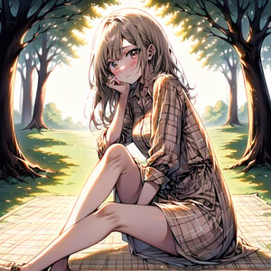 1 girl, 18-year-old, asymmetry-breasts, background:picknick-spot under the shadow of a tree, side-bottom-view, sitting on a yellow check pattran mat, leaning againsed tree, One Leg Extended, One Bent, one hand on knee, one hand relaxed, wearing a (Plaid flannel shirt dress), smilling, looking at the viewer.
- **Eyes**: Almond-shaped, light brown with a hint of amber,
  - **Nose**: Small, straight with a slight upturn,
  - **Lips**: Medium, peach with a natural gloss,
  - **Hair**: Shoulder-length, straight, dark blonde,
  - **Skin Tone**: Olive with a warm undertone,
  - **Eyebrows**: Thin, arched,
  - **Cheekbones**: Soft and rounded,
  - **Chin**: Small and pointed,
  - **Ears**: Medium-sized and close to the head,
  - **Expression**: Confident and charismatic.