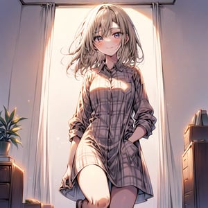 1 girl, 18-year-old, asymmetry-breasts, background:bedroom, One Hand in Pocket, Weight on One Leg, wearing a (Plaid flannel shirt dress), smilling, looking at the viewer.
- **Eyes**: Almond-shaped, light brown with a hint of amber,
  - **Nose**: Small, straight with a slight upturn,
  - **Lips**: Medium, peach with a natural gloss,
  - **Hair**: Shoulder-length, straight, dark blonde,
  - **Skin Tone**: Olive with a warm undertone,
  - **Eyebrows**: Thin, arched,
  - **Cheekbones**: Soft and rounded,
  - **Chin**: Small and pointed,
  - **Ears**: Medium-sized and close to the head,
  - **Expression**: Confident and charismatic.