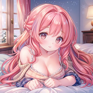 ((1 girl, masterpiece, highly detailed, HD, high quality)), (Augmented-breasts), 
Wearing (Fair Isle knit dress), 
Eyes are round and light brown, nose is small and straight, lips are medium and coral pink, hair is long, wavy, and blonde, skin tone is fair with a cool undertone, eyebrows are medium thickness and gently arched, cheekbones are soft and rounded, chin is rounded, ears are medium-sized and slightly visible, The expression is cheerful and vibrant
, 
Background: winter, Inside house, daytime, on bed, (Lying on one side with knees slightly bent and arms in front), looking at viewer.