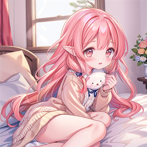 ((1 girl, masterpiece, highly detailed, HD, high quality)), (Augmented-breasts), 
Wearing (Fair Isle knit dress), 
Eyes are round and light brown, nose is small and straight, lips are medium and coral pink, hair is long, wavy, and blonde, skin tone is fair with a cool undertone, eyebrows are medium thickness and gently arched, cheekbones are soft and rounded, chin is rounded, ears are medium-sized and slightly visible, The expression is cheerful and vibrant
, 
Background: winter, Inside house, daytime, on bed, (Lying on one side with knees slightly bent and arms in front), looking at viewer.