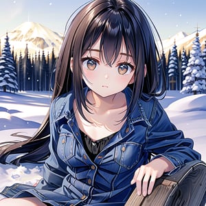 ((1 girl, masterpiece, highly detailed, HD, high quality)),
(Relaxed-breasts, SAGGY BREASTS),
Wearing (Sherpa-lined denim dress),
Eyes: Slanted, almond-shaped, dark brown,
Nose: Small and straight,
Lips: Medium, natural pink,
Hair: Long, straight, black,
Skin Tone: Fair with a neutral undertone,
Eyebrows: Thick and straight,
Cheekbones: High and defined,
Chin: Rounded,
Ears: Small and close to the head,
Expression: Confident and poised,

Background: winter,
Outside daytime, (lying on the snow flat on the back with arms and legs extended), looking at viewer.