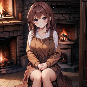 ((1 girl, masterpiece, highly detailed, HD, high quality)),
(Athletic-breasts, Breasts type Athletic, breasts are often wider and firmer),
Wearing (Corduroy overall dress),
Eyes: Oval-shaped, dark brown,
Nose: Small and flat
Lips: Medium, natural pink,
Hair: Long, straight, dark brown,
Skin Tone: Light tan with a warm undertone,
Eyebrows: Thin and gently arched,
Cheekbones: Subtle and rounded,
Chin: Rounded,
Ears: Small and close to the head,
Expression: Kind and gentle,

Background: winter,
Inside house, (sitting in a room near fire place, Cross-Legged: Sitting with legs crossed), looking at viewer.