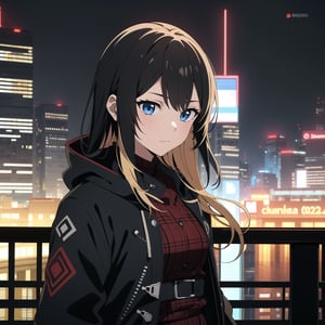 1girl, solo, long hair, bangs, blue eyes, blonde hair, Fleece-Lined Plaid Dress, black hair, closed mouth, upper body, multicolored hair,outdoors, two-tone hair, doomerboy, night, city,suzumura yu,cyberpunk, 