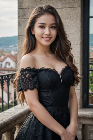 ((1 girl, 22 y.o, Masterpiece, best quality, cinematic lighting, 8k, long hair, hourglass body)), (smile:0.85), (realistic background:1.2)
black offshoulder dress, lace, terrace background, straight eyes,closeup shot