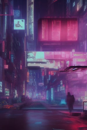 A cyberpunk-style rural street with many billboards, rivers, humans, and telephone poles