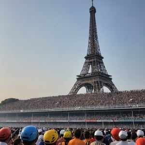 A speeding sensation, helmet held high, atop a sleek racing machine, triumphantly poised amidst frenzied fans spilling onto undulating grandstand tiers. Vibrant racing attire shines like a beacon as the crowd erupts in jubilant cheers. In the distant backdrop, the Eiffel Tower's iconic iron latticework rises majestically, its presence amplified by the electric atmosphere.