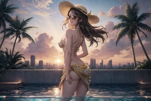 1girl, solo, rooftop_pool, infinity_edge, sunset, golden_hour, wet_skin, droplets, bikini, sarong, sun_hat, sunglasses, cocktail, tropical_flowers, hair_blowing_in_wind, leaning_on_railing, arched_back, toned_body, side_view, cityscape, palm_trees, lounge_chairs, fairy_lights, lens_flare, reflection_in_water, golden_skin, relaxed_smile, dreamy_expression, bokeh, wide_angle_shot