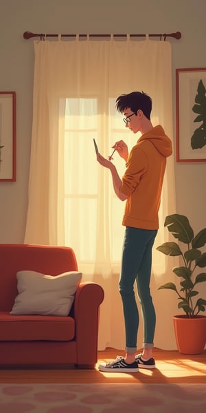 a animated person in a living room putting something on top of a self