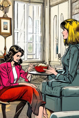 Comic Art Illustration Style,  a pop art style illustration of  two women sitting in a living room talking