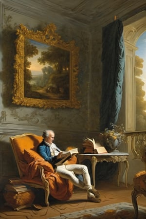 A  man reading in the living room. A masterpiece painted by Claude Lorrain and Jean-Honoré Fragonard, highly detailed , (surreal:1.4) atmosphere, romantic landscape,