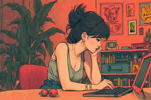 a retro-style setting, with an 80s retro vibe and aesthetic. Ink brushstrokes, a animated woman sitting
