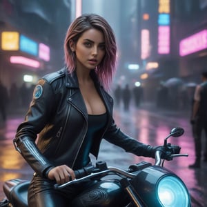 Action scene, sexy, Ana de Armas as a tattood cyberpunk biker on a futuristic motorcycle in a dark rainy neon complex cyberpunk city, very little fabric or clothes covering body, show most of her torso, show belly, show body tattoos, one side of her hair is way longer than the other side, one side of her hair is very short, hair to the longer side, the sorter side of her hair is tidied up towards the longer side, naturally slightly curvy hair, slightly pink at the ends of hair, no belly fat, wearing leather pants, realistic skin texture with pores, wet skin with water droplets,1 girl ,solo, body facing front, showing front of body, 1 large futuristic motorcycle, darker background, huge city backdrop, realistic, extremely detailed natural realistic face, avoid hair strings across face, show mid to close shot, symmetrical face features, five natural fingers each hand including thumbs as natural hands would have,