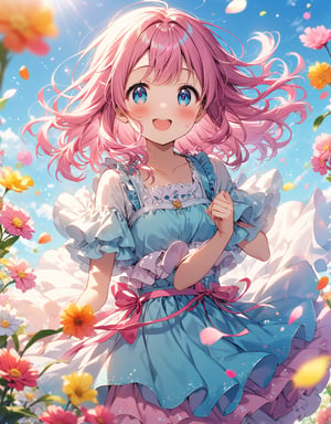 "An anime girl with long, flowing pink hair and big, sparkling blue eyes. She is wearing a cute, pastel-colored dress with ruffles and a bow. She has a cheerful and lively expression, with a wide smile and a slight blush on her cheeks. The background is a vibrant, colorful garden with blooming flowers and a clear blue sky, enhancing the joyful and magical atmosphere."







