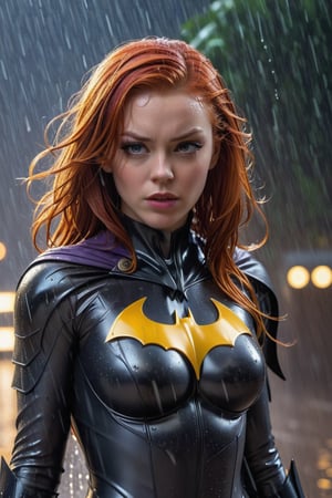 (masterpirce), attractive red head face during heavy rain, a woman in a suit posing for a picture, ( ( bat girl ) ), bat girl without mask, fierce look, angry face, frowning, yellow leotard suit, shoulder pads, red hair, bat girl drenched in the rain, hair drenched in rain, heavy rain, wet clothes, soaked hair, soaked hair, dripping hair, raindrops, clinging clothes, water dripping, black chrome chest plate, abdomen armor, covered abdomen, metal shoulder pads, highly detailed exquisite fanart, alena aenami and artgerm, by Jason Chan, futuristic style batgirl, beautiful digital artwork, batgirl!!!!!, bat girl, no mask, without a mask, Extremely Realistic
