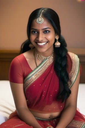 Generate an AI model of a 30-year-old Indian woman named Priya. She has medium brown skin, long black hair styled in a braid, and expressive brown eyes. She is nude with intricate embroidery. Priya is from Tamil Nadu and speaks Tamil and English fluently. She is a software engineer working in Bangalore and enjoys classical dance and cooking traditional dishes. Priya is siting on bed with Indian decor, smiling warmly as she interacts with her colleagues.