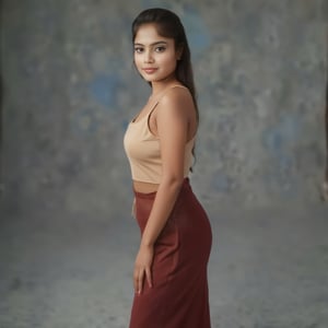 Photograph a young woman of 19yr old in a single, elegant pose using a high-resolution DSLR camera. The setting should be a professional studio with soft, diffused lighting that highlights her features and outfit. She should be standing confidently, with one hand on her hip and the other gently resting by her side, looking directly at the camera with a slight smile. The background should be a clean, neutral color to keep the focus entirely on her. The image should be sharp, with attention to detail in her expression, clothing, and overall composition, creating a striking and timeless portrait, full photo, documentary photography, capturing reality, social issues, human experiences, photojournalistic storytelling, candid moments, authentic narratives, raising awareness, documenting history, preserving cultural heritage, immersive storytelling, evoking empathy, powerful imagery, Capture a striking photoshoot with a highly clear DSLR camera, focusing on [specific theme or style]. The model should be positioned in [specific location or setting], with lighting that emphasizes [particular feature, e.g., natural light to highlight skin tone, or dramatic lighting for shadows]. The shoot should showcase the model's [specific expression or emotion, confidence, elegance, boldness], with close-up shots that reveal intricate details and full-body shots that capture the entire outfit. Aim for a mix of dynamic poses and candid moments to create a visually stunning portfolio.