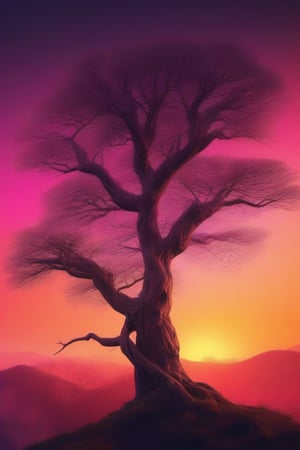 Neon old tree have lot of branches standing at hill highly detailed,  time around sunset scene look extremely beautiful it's showing all textures of trees .
