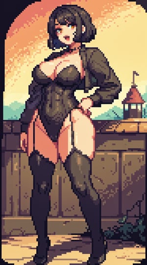 masterpiece,best quality,ultra-detailed,High detailed,picture-perfect face,short hair,(perfect female body,slim thicc),abs,cute,sexy,charming, alluring,seductive,enchanting,makeup,fantasy,town,colorful,colormagic,bustier,cleavage,open mouth,lewd,Pixel art, farmer, overall
