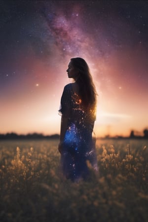 A close up fantastic image of a woman's outline containing the entire galaxy inside of her, as she stands in a field in summer at sunset, a soft aura surrounding her
