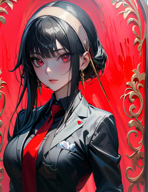 (masterpiece:1.3),best quality,official art,(beautiful and aesthetic:1.3),1girl,solo,official art,(oil painting style:1.2),Yor Forger from , black long hair,straight bangs, (symmetrical bangs:1.2), beige hairband, curled hair ends, red eyes, black suit, red tie, gold earrings,killing intent, half-body shot, turn around,depth of field, light red background,portrait,aesthetic