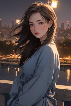 A (meticulously detailed), (medium shot) portrait in the combined style of (Annie Leibovitz) and (Peter Lindbergh), featuring a (young woman) standing on a bridge overlooking a (vibrant cityscape) at (twilight). The (subtle, ambient light) and (hyper-realistic detail) emphasize her (tranquil expression) and the (glimmering city lights) in the background, creating a (mesmerizing) and (moody) portrait.