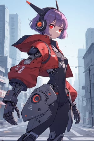 1girl, solo,cyborg mecha Girl, breasts, looking at viewer, short hair, bangs, red eyes, gloves, standing, jacket, purple hair, small breasts, outdoors, open clothes, from side, headgear, headphones, building, red jacket, science fiction, city, mecha musume,txznmec,bingnvwang,anime,diathornstyle,action shot