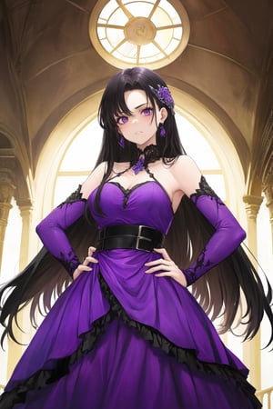 masterpiece, best quality, 1girl, dress, long hair, purple eyes, hands on hips