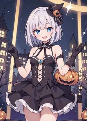 Pretty young, cheerful smile, magical girl, the stage is midnight Halloween, short hair, straight hair, slender and cute body,sparkling eyes,