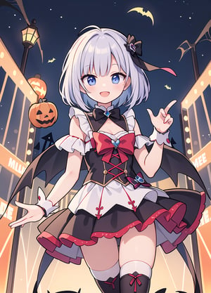 Pretty young, cheerful smile, magical girl, the stage is midnight Halloween, short hair, straight hair, slender and cute body,