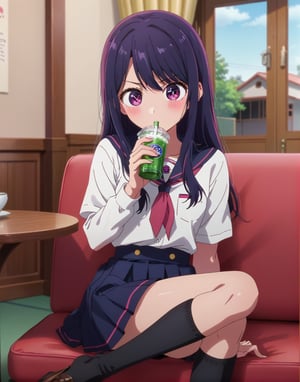 HOSHINO AI, girl cute, Uniform school,HOSHINOAI,long socks, streched legs, in the house, drinking