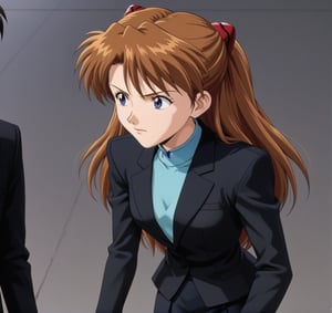 ASUKA LANGLEY SORYU,LONG HAIR,BLUE EYES,BROWN HAIR,HAIR ORNAMENT, black suit, black skirt 