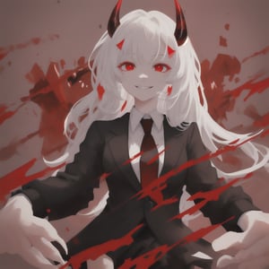 girl, wearing black suit, With tie, red shirt, white horns, red eyes, cute smile, alone, maximum power